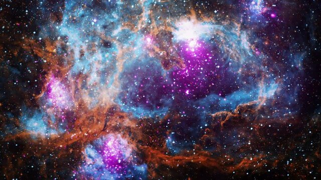 Space flight into NGC 6357 Diffuse Nebula star field expansive emission nebula complex . 4K 3D rendering. Flight Through Space With star field, Galaxy and Nebulae. Elements furnished by NASA image.