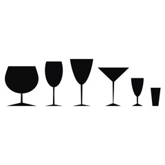 Vector illustration of a set of black icons of glasses for alcoholic drinks on a white background.