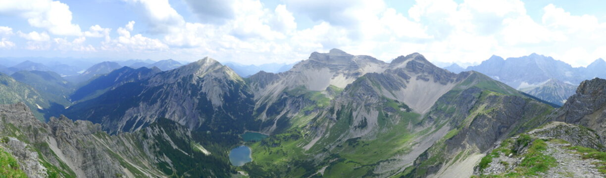 wide angle panorama of soiernspitze and lakes, kruen, bavaria, 