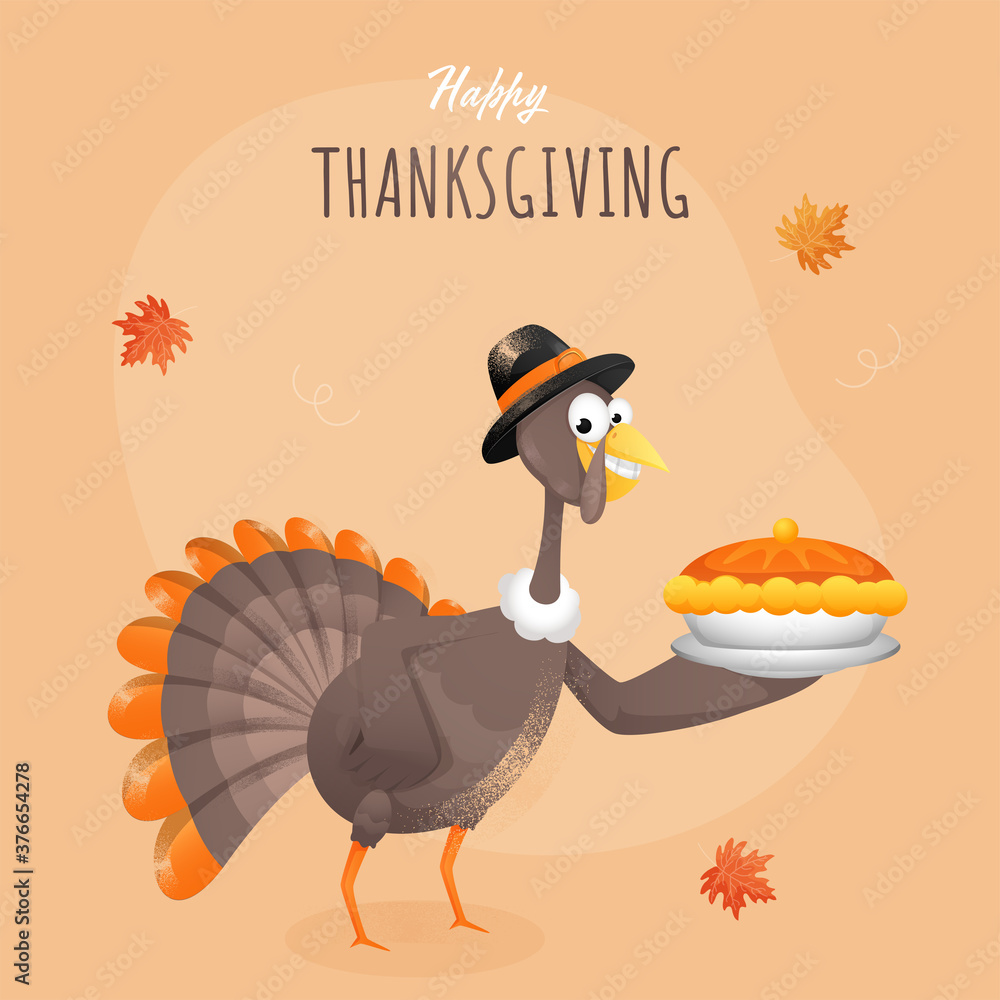 Poster cartoon turkey bird presenting pie cake plate on light orange background for happy thanksgiving cele