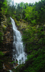 Fototapeta na wymiar Scorusu Waterfall flowing through Capatanii Mountains. It is a wild 40 meters high waterfall. Carpathian Mountains, Romania.