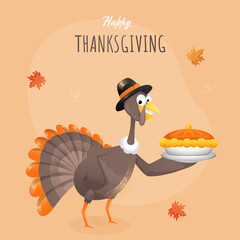 Cartoon Turkey Bird Presenting Pie Cake Plate on Light Orange Background for Happy Thanksgiving Celebration Concept.