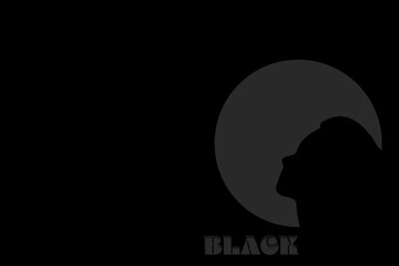 Woman face contour on a grey circle and a black background with the text "BLACK" minimal illustration.