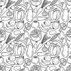 Seamless pattern with cute hand drawn vegetables. Illustration for coloring. Vector