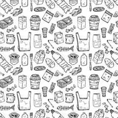Seamless pattern with hand drawn garbage. Plastic pollution collection. Vector