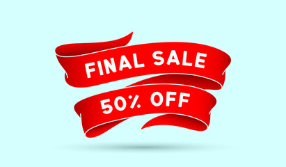 Final Sale 50 percent Off. Red vintage ribbon with text Final Sale. Red vintage banner with ribbon, graphic design. Old school hand-drawn element for final sale, discount. Vector Illustration