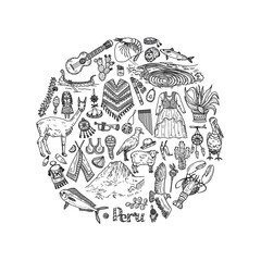 Round composition with cute hand drawn Peru related icons. Vector travel collection. 