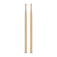Pair of wooden drum sticks 3d vector object isolated on white, drummer musical equipment.