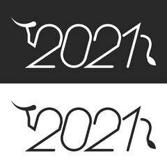 Ox symbol of 2021 chinese new year logo minimal from thin black and white lines, number from silhouette of a bull with horns and tail