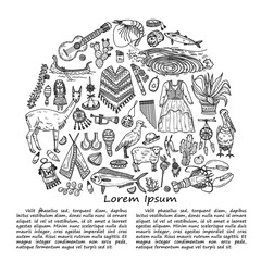 Illusrtation with cute hand drawn Peru related icons. Vector travel collection. 