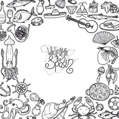 Cute hand drawn card template with  Spain related icons. Welcome to Spain collection © Nataliia Machula