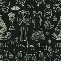 Seamless pattern with cute hand drawn Wedding icons. Love collection. Vector