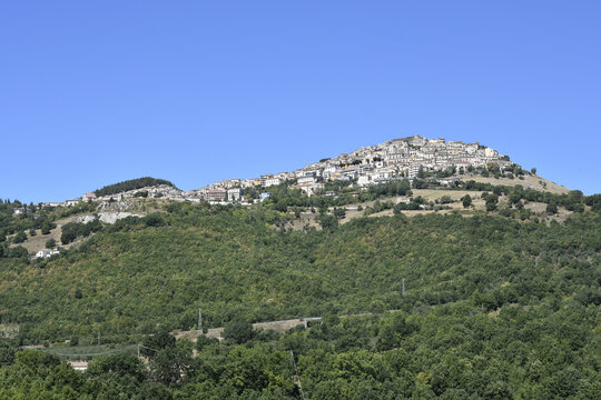 Panoramic view of Viggiano, an old town in the mountains of the Basilicata region, Italy.