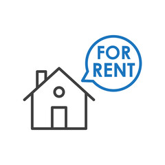 Concepto Real Estate. Venta de inmuebles. Icono plano lineal casa con texto For Rent en burbuja de habla en gris y azul