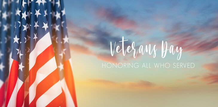 American flags, perfect image for Veterans Day.  American patriotism concept. November 11th - Honoring all who served. 