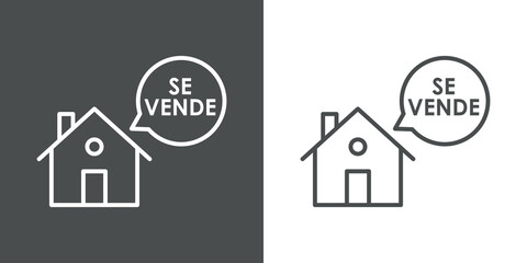Concepto Real Estate. Venta de inmuebles. Icono plano lineal casa con texto Se Vende en español en burbuja de habla en fondo gris y fondo blanco
