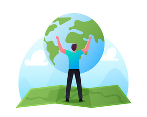 World in Hands Concept. Male Character Stand on Huge Green Map Holding Earth Globe. Ecology Conservation, Earth Day