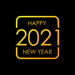 Concepto feliz año nuevo. Logotipo con texto Happy New Year 2021 lineal en cuadrado color dorado y fondo negro