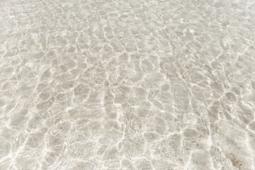 Top view surface of clear sea water reflections on shallow sandy beach.
