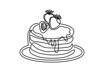 Continuous one line drawing of pancakes with strawberries. Modern hand drawn art dessert and cafe theme for logo. Vector illustration isolated on white