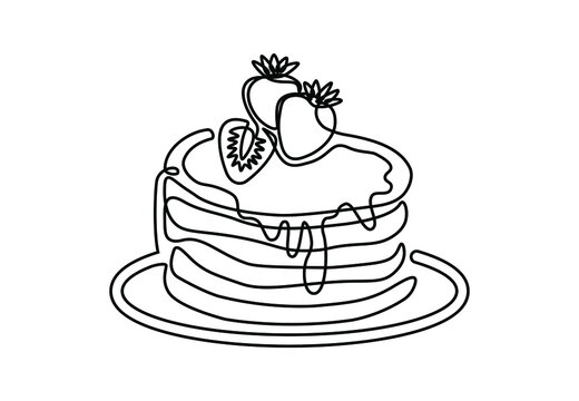 Continuous one line drawing of pancakes with strawberries. Modern hand drawn art dessert and cafe theme for logo. Vector illustration isolated on white © Екатерина Заносиенко
