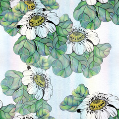 Chamomile flowers on a watercolor background. Seamless background. Collage of flowers and leaves. Use printed materials, signs, objects, websites, maps.