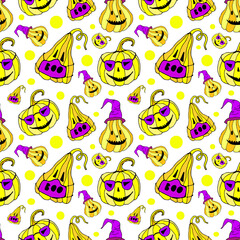 Jack lantern in mask and wizard hat seamless pattern. Vector illustration for card, wallpaper, fabric design and fall decoration. Halloween yellow pumpkins isolated on white background.