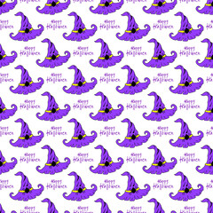 Hand drawn purple witch magic hat seamless pattern in doodle style. Halloween vector illustration for card design and fall decoration. Wizard hat art with lettering.
