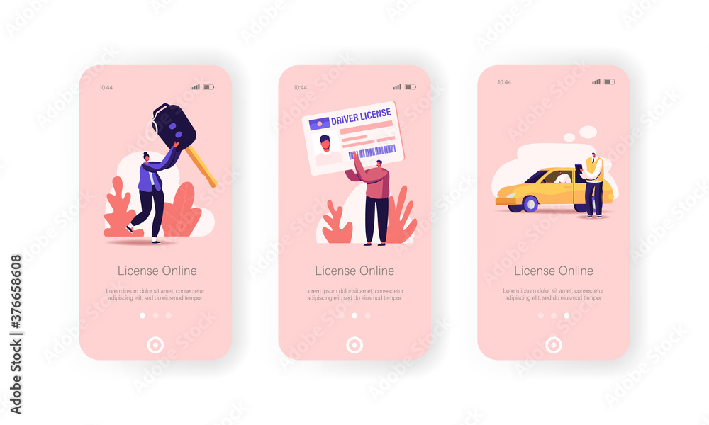 Poster driver license mobile app page onboard screen template. tiny people study in school learn drive car.