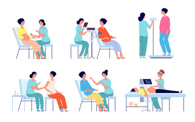 Pregnant woman medical check up. Pregnancy care clinic, belly ultrasound doctor. Isolated prenatal woman examination in hospital vector set. Medical pregnant woman, doctor check pregnancy illustration