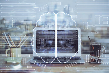 Multi exposure of work space with computer and human brain hologram. Brainstorm concept.