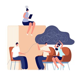 Psychologist service. Therapist counseling family couple, psychology session. Adults psychotherapy, self therapy with book vector concept. Psychotherapy by therapist, illustration mental support