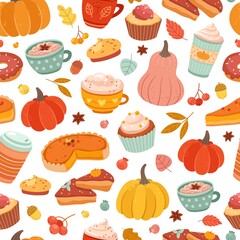 Autumn pumpkin pattern. Pumpkins spice, cinnamon hot drink and pastry print. Thanksgiving food, pie cake coffee vector seamless texture. Autumn pumpkin, latte drink and beverage illustration