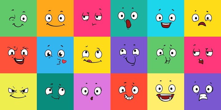 Cartoon expression faces. Comic emoji emotions, funny face. Winking, scary and laughing caricatures. Eyes and mouth, emoticons vector illustration. Cartoon sad and happy, cry expression