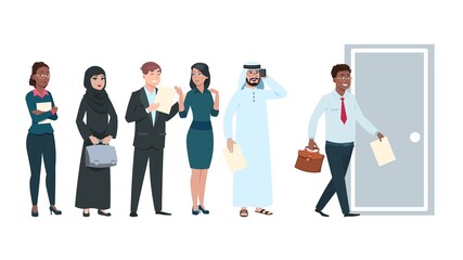 People queue. Job seekers in waiting line with resume in hands. Office workers wait time to enter, man going in door. International professionals man woman cartoon vector characters illustration
