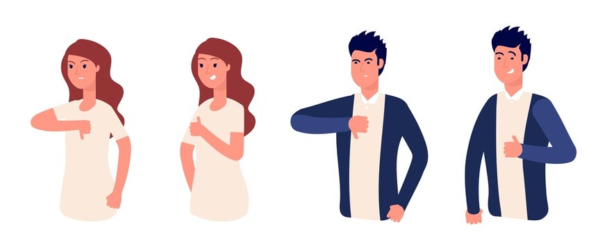 Like or dislike. Thumb up, yes or no. Isolated man woman social media gesture. Communication, good and bad or approved and disapproved vector illustration. Illustration like and dislike, yes and no