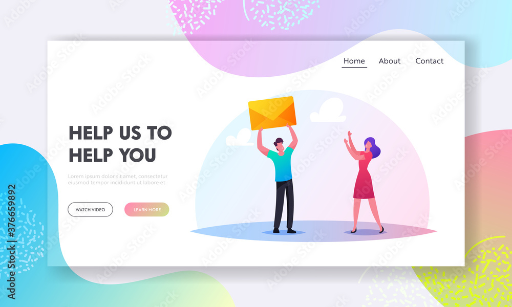 Poster e-mail communication landing page template. characters sending or getting messages. tiny man giving 