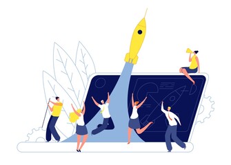 Innovation teamwork startup. Technological emerging company, team launching rocket. New idea project, creative business vector illustration. Startup idea innovation