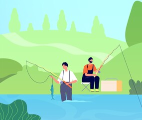 Fishing on river. Fisherman catches fishes, man with rod in lake. Friends recreation, male outdoor leisure. People relax vector illustration. Recreation hobby fishing, activity leisure weekend