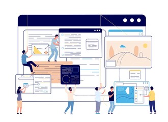 Web content management. Digital blog, social media designers and writer. Blogging, modern education or programming team vector illustration. Analysis optimization website, personalization technical