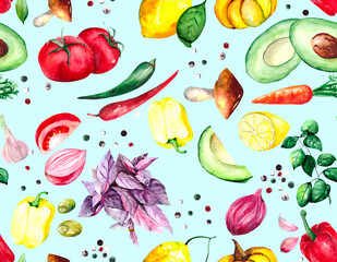 Seamless pattern on the theme of kitchen and cooking with bright vegetables and fruits. Juicy tomatoes, peppers, pumpkins, onions, garlic, avocado, lemon, carrots, mushrooms and Basil. 