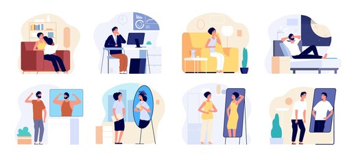 People and mirrors. Dreamy person, affirmation or criticism. Young teen dreaming future, confidence vanity. Lazy self motivation vector set. Illustration woman and man dream improve self