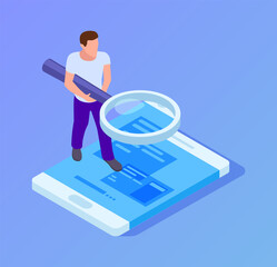 App tester. Isometric man testing mobile app. Man with magnifying glass looks at screen of smartphone vector illustration. Software tester app, man development and testing