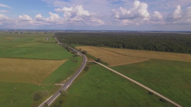 Overpass on the Way to Rusne in Silute District, Lithuania. Aerial Arc Right
