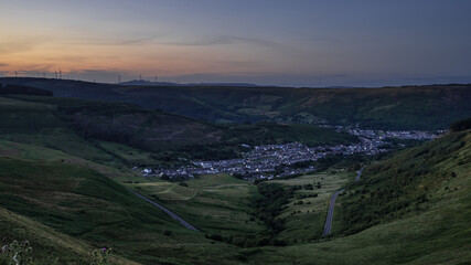 Sunset over the Welsh Valleys, looking towards Treorchy and Cwm Park