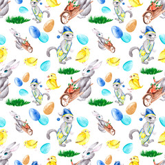 Seamless pattern with fun farm characters: chickens, a rabbit with a cart of carrots and a cat in pajamas. A harmonious combination of colors and animals for the best backgrounds, textiles.