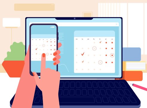 Data synchronization. Planner, calendar and to-do list. Schedule, time management. Digital organizer, information transferred from phone to laptop vector illustration. Smartphone data synchronization