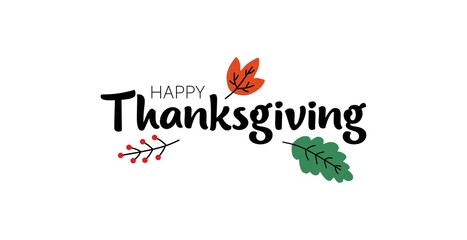 Hand drawn Happy Thanksgiving lettering typography poster. Celebration quotation for card, postcard, event icon logo or badge. Vector vintage autumn calligraphy. Grey Lettering with red maple leaves