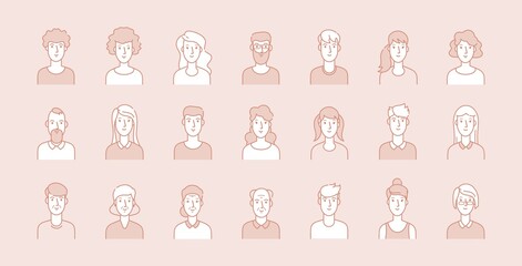 People avatars. Modern business corporate faces, line male female portraits. Young, adult and elderly ages users, modern outline character vector set. Illustration face female and man