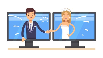 Online wedding. Cute cartoon newlyweds, young man woman smile. Just married on computer screen vector illustration. Love wedding, cartoon communication romantic